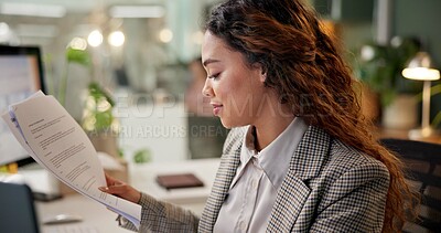 Buy stock photo Business, girl and reading document office of project information, review budget report and schedule. Smile, woman and typing on computer of finance paperwork, investment feedback and proposal update