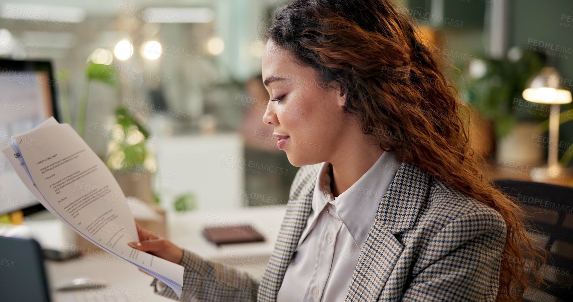 Buy stock photo Business, girl and reading document office of project information, review budget report and schedule. Smile, woman and typing on computer of finance paperwork, investment feedback and proposal update