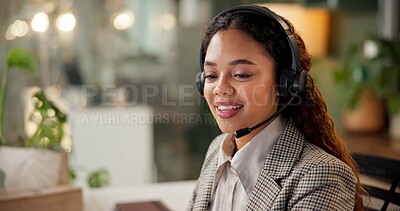 Buy stock photo Woman, call center and happy at night, headphones and mic with customer support, crm and advice in office. Person, agent and consultant with voip, thinking or overtime with telemarketing at workplace