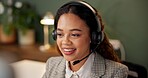 Woman, call center and smile at night, headphones and mic with customer support, crm and advice in office. Person, agent and consultant with voip, contact or overtime with telemarketing at workplace