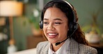 Woman, call center and night with smile, mic and headphones for talk with customer support, job or crm. Person, agent and consultant with voip, thinking and overtime with telemarketing at workplace