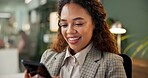 Phone, scroll and woman in office with smile, connection and reading online post at desk for networking. Search, smartphone and businesswoman typing on mobile app for communication at digital agency