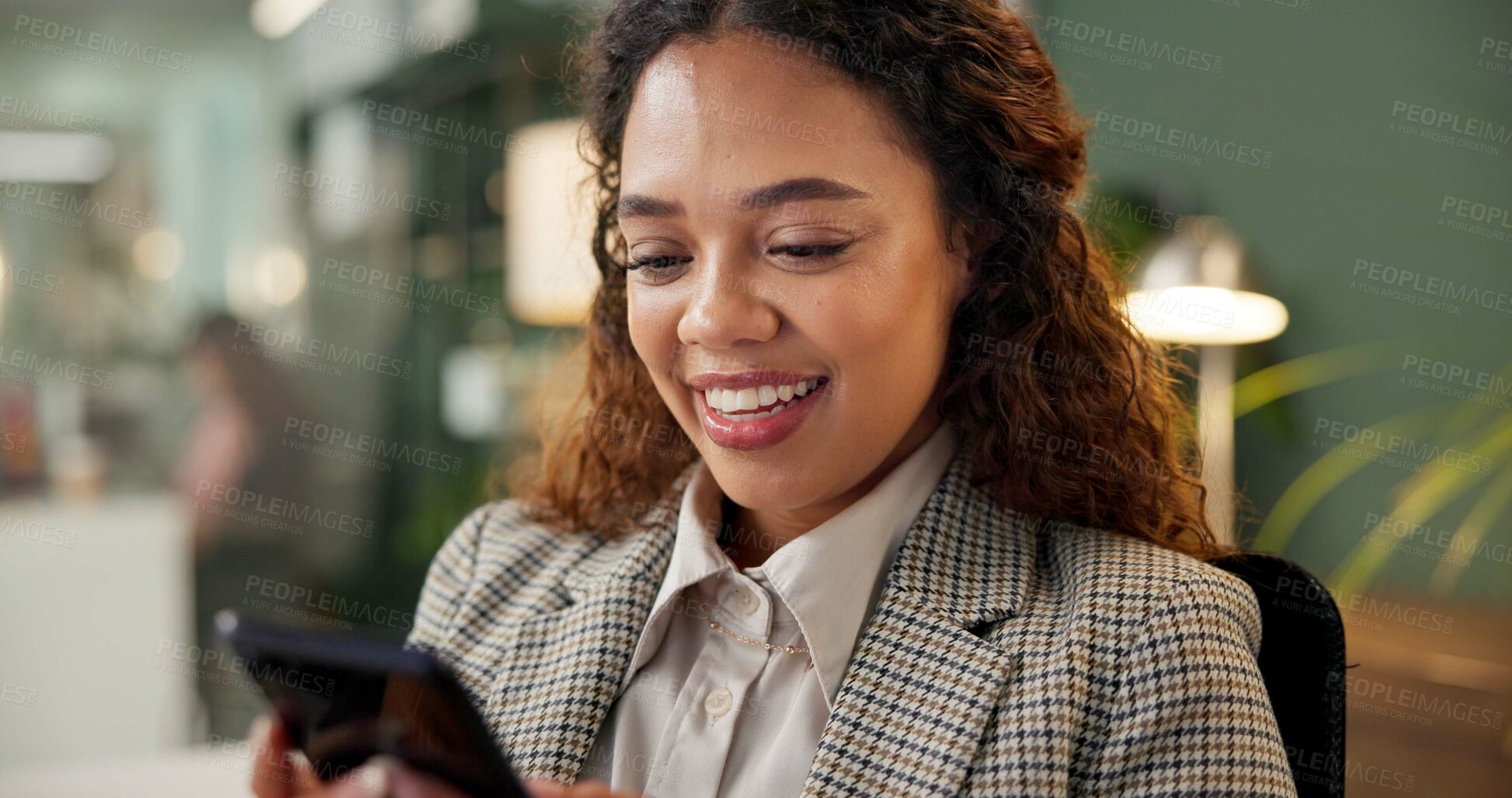 Buy stock photo Phone, scroll and woman in office with smile, connection and reading online post at desk for networking. Search, smartphone and businesswoman typing on mobile app for communication at digital agency