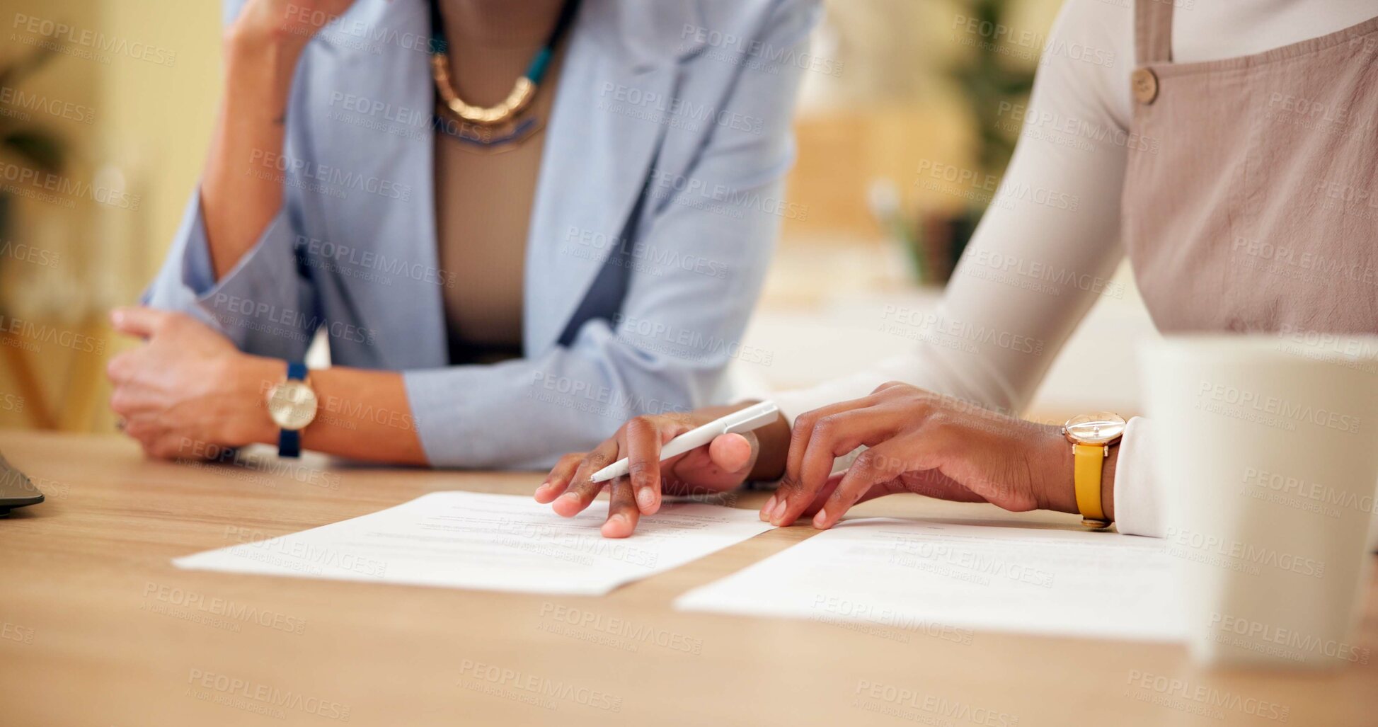 Buy stock photo Contract, woman and hands of advisor for info, deal or legal document for membership application in office. Advice, client and insurance agent with paperwork for registration, sign up or agreement