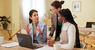 Buy stock photo Business people, laptop and meeting in office for feedback, teamwork and employee development with help. Collaboration, diversity and discussion for project review, report and training with proposal