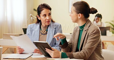 Buy stock photo Business women, tablet and manager in office for planning, teamwork or employee development with help. Collaboration, feedback and discussion for project review, communication and idea with proposal