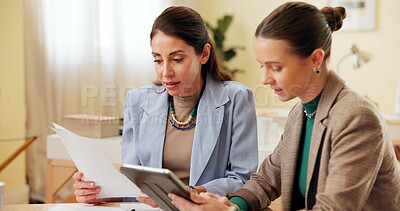 Buy stock photo Business people, tablet and documents in office for planning, teamwork or project development with help. Collaboration, meeting and technology for report review, discussion and research with proposal