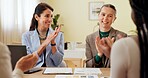 Office, applause and business women in meeting for celebration, congratulations and achievement. Corporate, professional and workers clapping hands for success, teamwork and good news with feedback