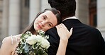 Couple, hug and wedding in city, smile or love for commitment with floral bouquet, relationship or memory. People, woman and man with embrace for marriage, happy or civil union with flowers in Greece