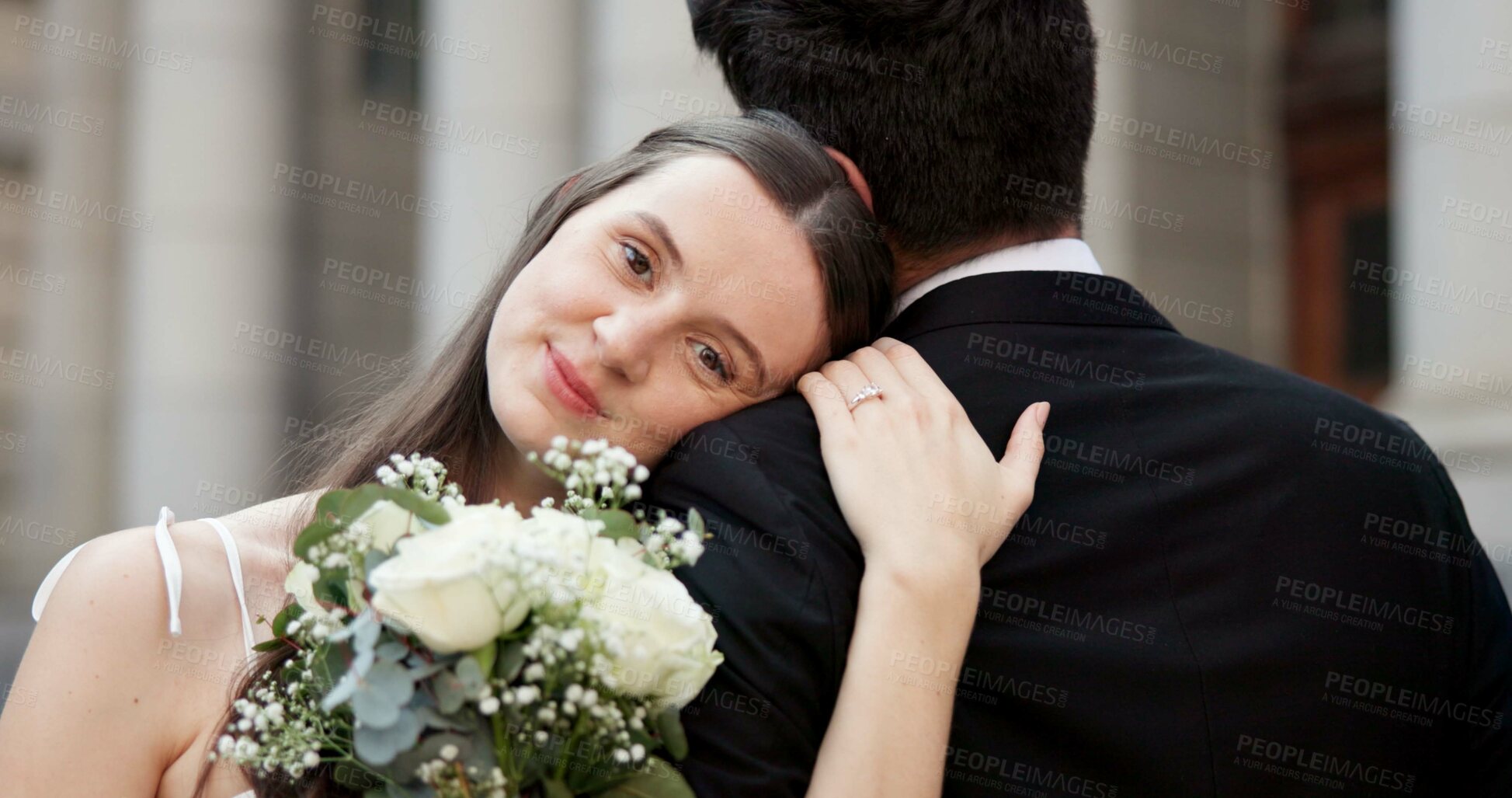 Buy stock photo Couple, hug and wedding in city, smile or love for commitment with floral bouquet, relationship or memory. People, woman and man with embrace for marriage, happy or civil union with flowers in Greece