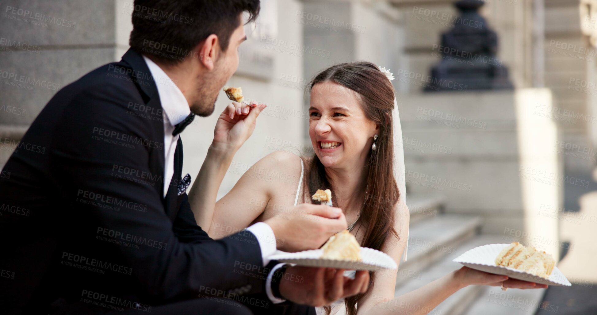 Buy stock photo City, love and couple at wedding with cake, smile and happy bride with groom in street together. Urban romance, man and woman at court marriage event, eating or sharing dessert at outdoor celebration