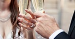 Couple, hands and toast with champagne on wedding for celebration, unity success and marriage commitment. People, promise and alcohol cheers for partnership, relationship loyalty and romance ceremony