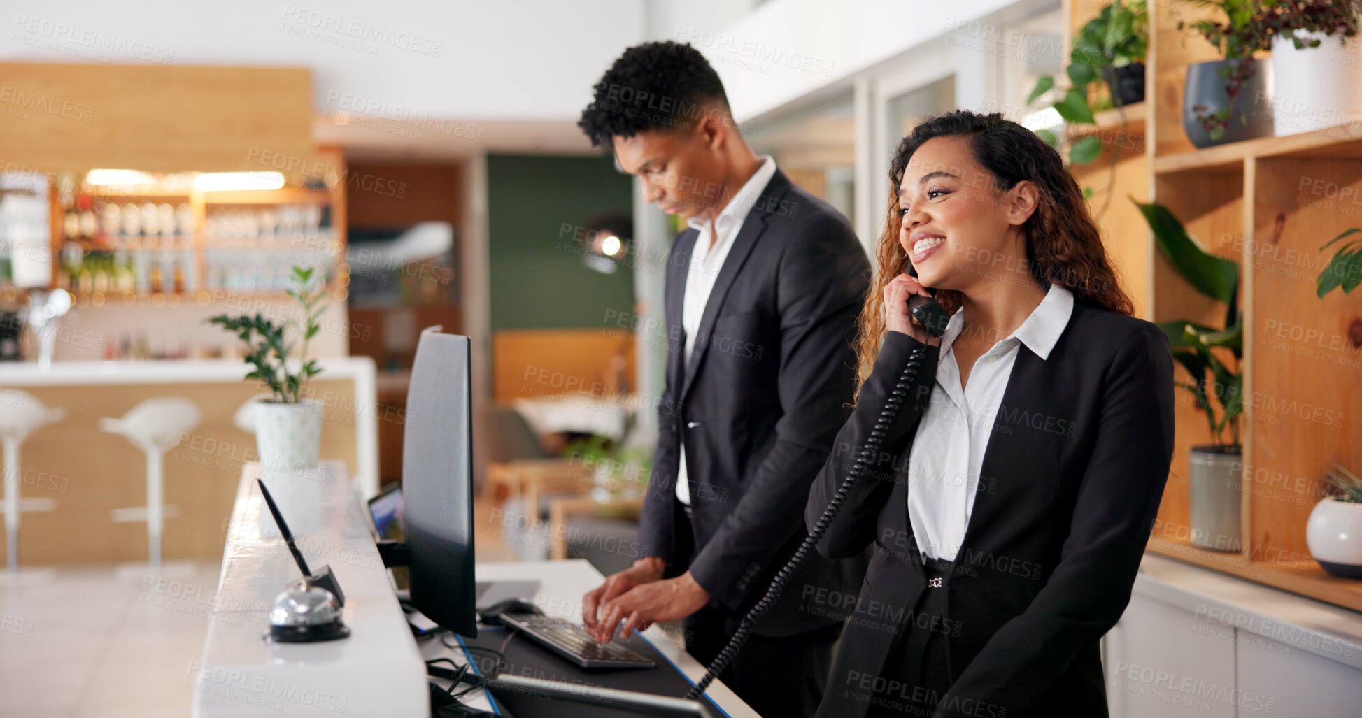 Buy stock photo Woman, call and hotel staff at reception with smile, concierge and desk help with booking management. Lobby, customer service and professional with hospitality, networking and phone conversation