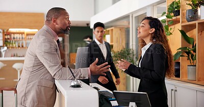 Buy stock photo Businessman, woman and angry at cafe with stress, argument and complaint for bad service at hotel. People, dispute and frustrated with conflict, fight and talking by counter with question for staff