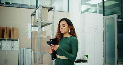 Buy stock photo Delivery, logistics and woman on smartphone for shipping, distribution and small business courier service. Ecommerce, quality control and worker with email for online shopping, supply chain or order