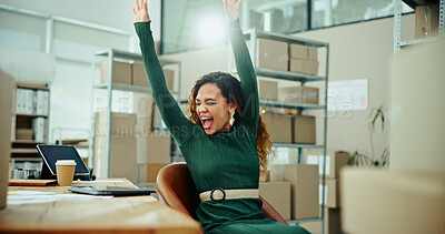 Buy stock photo Happy woman, laptop or winning with good news in logistics for promotion, sale or order at warehouse. Excited, female person or distributor with surprise for business success, prize or stock at store