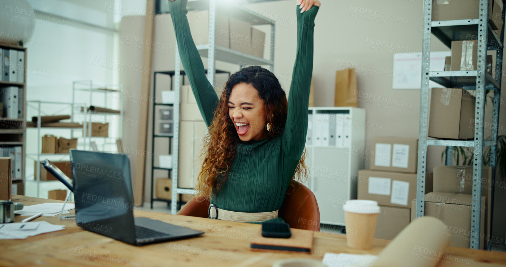 Buy stock photo Woman, laptop and celebration in warehouse with boxes, success and agreement with notification for logistics. Person, computer and happy with cheers, goals or deal with inventory for supply chain