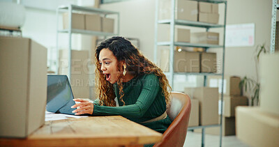 Buy stock photo Excited woman, laptop and logistics with good news for promotion, sale or order at warehouse. Young, female person or happy distributor with computer for surprise, notification or new stock at store