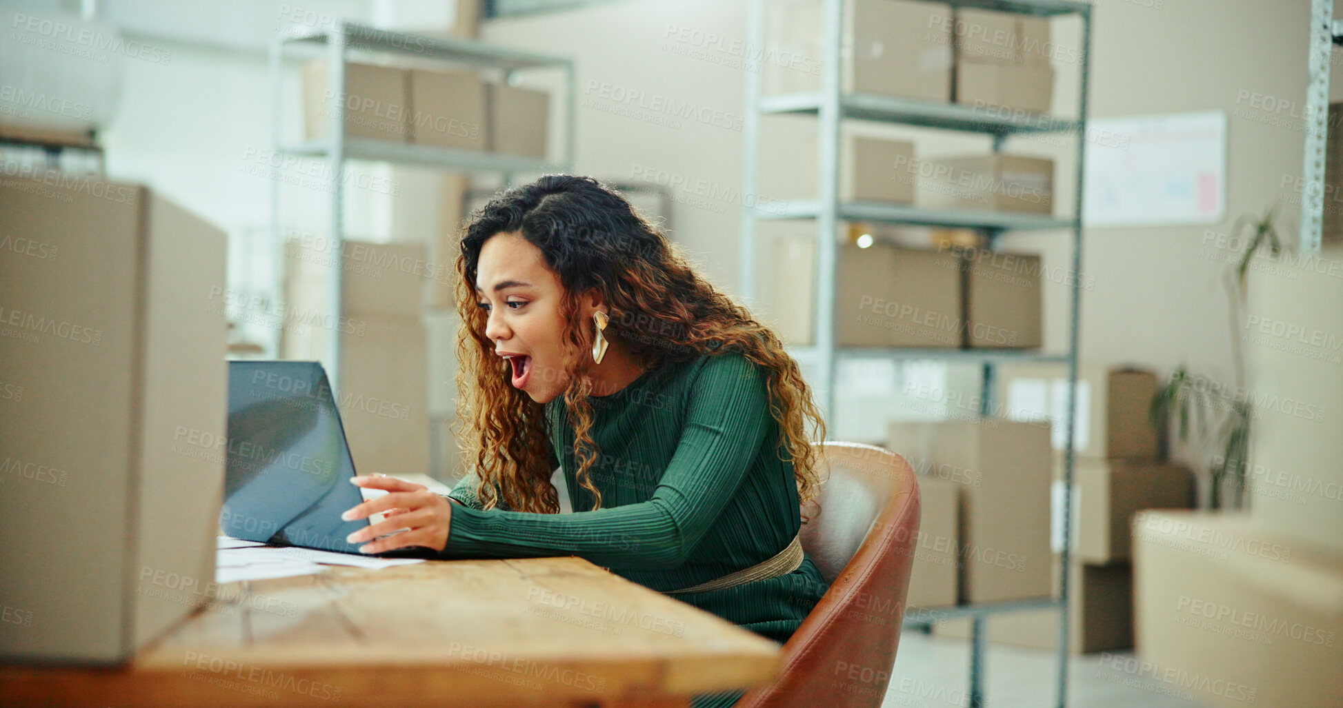 Buy stock photo Excited woman, laptop and logistics with good news for promotion, sale or order at warehouse. Young, female person or happy distributor with computer for surprise, notification or new stock at store