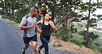 Couple, runner and road in forest with training, speed and outdoor with progress, fitness and wellness. Woman, man and partnership with workout, exercise and challenge with teamwork in Costa Rica