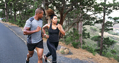 Buy stock photo Couple, runner and road in forest with training, speed and outdoor with progress, fitness and wellness. Woman, man and partnership with workout, exercise and challenge with teamwork in Costa Rica