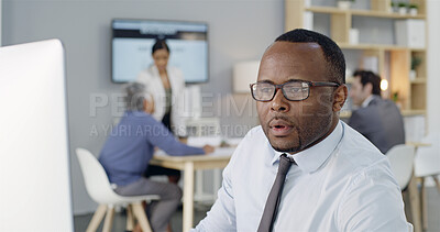 Buy stock photo Businessman, glasses and reading on computer for email, budget review and planning in startup office. Accountant, tech and research in company for productivity, fund allocation and online banking