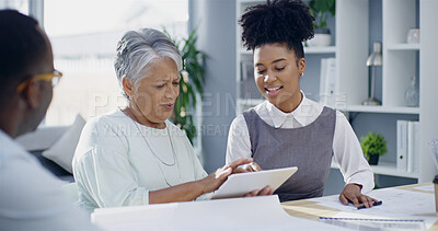 Buy stock photo Tablet, business people and team meeting, training and mentor in discussion in creative startup. Group, technology and mature manager coaching intern for help, problem solving or copywriting solution