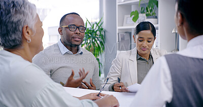 Buy stock photo Architecture, business people and team meeting, discussion or plan with blueprint in creative startup. Group, collaboration or brainstorming ideas for construction project, design or problem solving