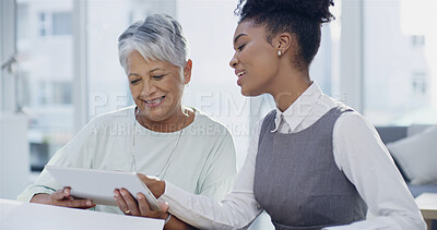 Buy stock photo Tablet, business women and team meeting, coaching and mentor in discussion in creative startup. Smile, technology and mature manager training intern for help, ideas and planning social media campaign