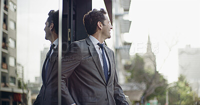 Buy stock photo Businessman, city and happiness as realtor for real estate agency or company for property evaluation. Male person, pride and building for sale, rental or viewing as developer for construction project