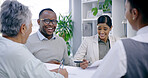 Laugh, business people and team meeting, discussion or planning with paper in creative startup. Happy group, funny joke or brainstorming ideas in collaboration on campaign project, design or strategy