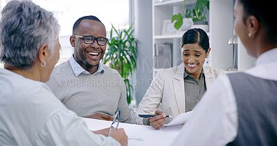 Buy stock photo Laugh, business people and team meeting, discussion or planning with paper in creative startup. Happy group, funny joke or brainstorming ideas in collaboration on campaign project, design or strategy