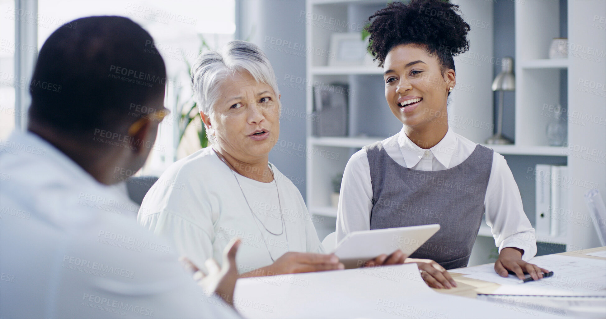 Buy stock photo Tablet, business people and group meeting, training and mentor in discussion in creative startup. Team, technology and mature manager coaching intern for help, problem solving or copywriting solution