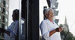 Business, laughing and phone with mature woman outdoor on city street for comedy, humor or meme. Building, funny and happy with smile of professional employee in urban town for break or communication