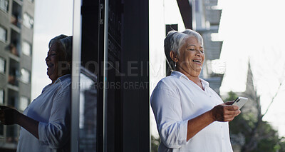 Buy stock photo Business, laughing and phone with mature woman outdoor on city street for comedy, humor or meme. Building, funny and happy with smile of professional employee in urban town for break or communication