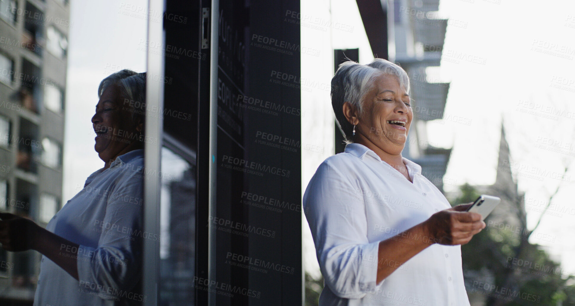 Buy stock photo Business, laughing and phone with mature woman outdoor on city street for comedy, humor or meme. Building, funny and happy with smile of professional employee in urban town for break or communication