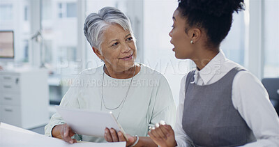 Buy stock photo Business women, tablet and discussion in office with report, team and review at company. People, mentor and touchscreen with project, feedback and research for risk management at insurance agency