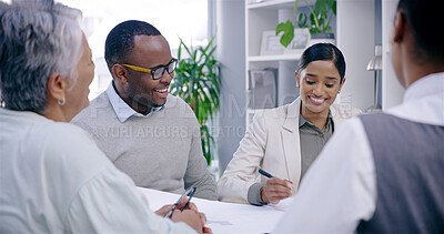 Buy stock photo Architecture, happy business people and team meeting, discussion or plan with blueprint in creative startup. Group, collaboration or brainstorming ideas for construction project, design or solution