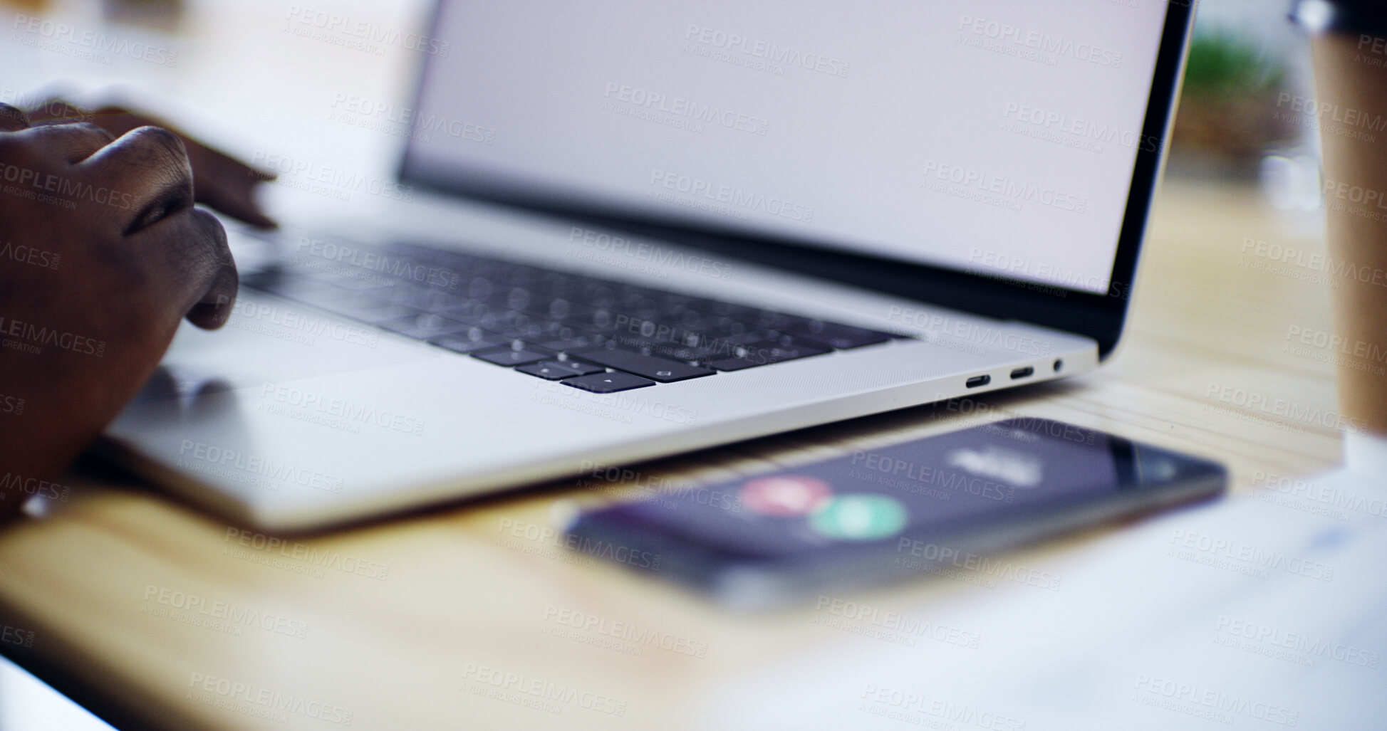 Buy stock photo Closeup, phone call and hand with laptop, typing and connection for freelancer networking. Person, writer and research with deadline, time management and journalist search internet for information