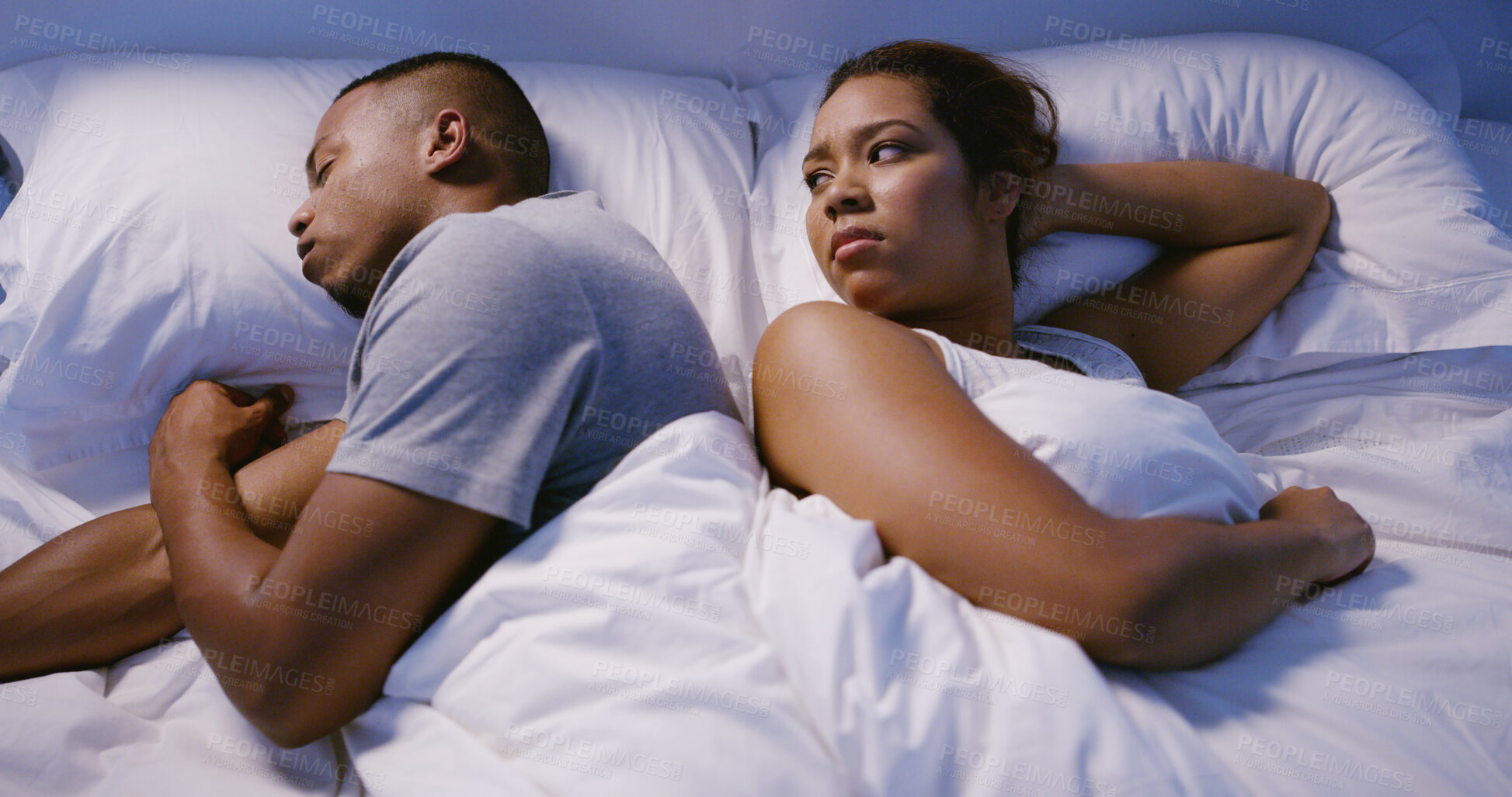 Buy stock photo Couple, fight and bed with woman, angry and marriage doubt for argument or snoring. Insomnia, above and conflict of African people with divorce, breakup or noise problem in home together in bedroom