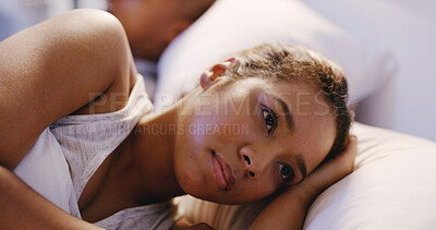 Buy stock photo Couple, anxiety and bed with woman, thinking and marriage doubt for argument or snoring. Insomnia, stress and conflict of African people with divorce, breakup or problem in home together in bedroom