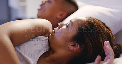 Buy stock photo Annoyed, couple and woman in bed with upset, unhappy and frustrated for conflict, argument and fight. Relationship, dating and people in bedroom sleeping with snore issue, noise and sound in home