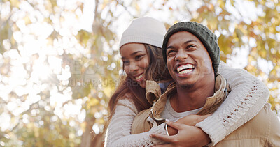 Buy stock photo Outdoor, couple and happy on piggyback for bonding, love and support as lovers for trust. People, park and smile in relationship on date for romance, care and affection together on valentines day