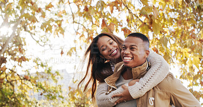 Buy stock photo Park, couple and happy on piggyback for bonding, love and support as lovers for trust. People, outdoor and smile in relationship on date for romance, care and affection together on valentines day