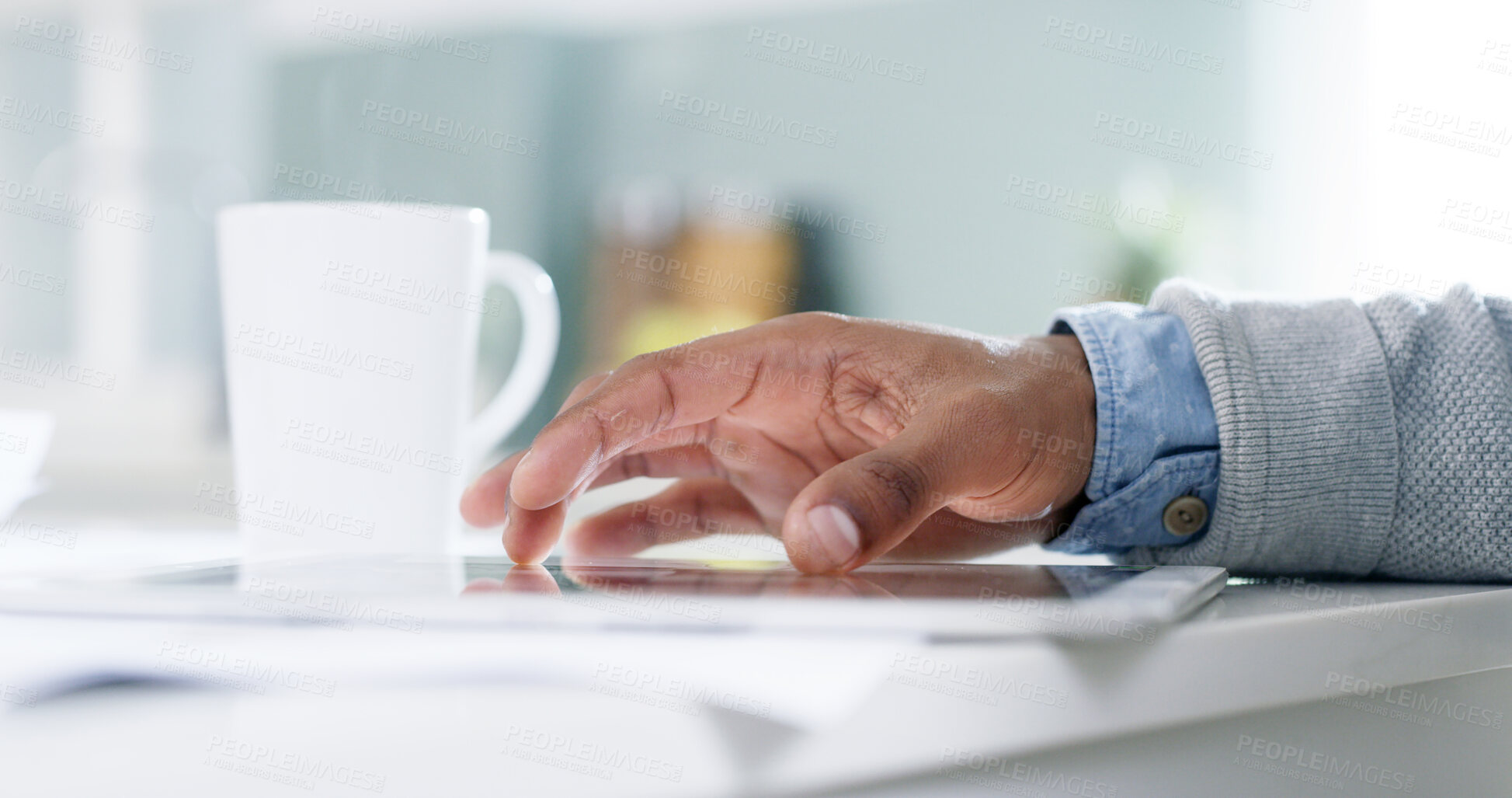 Buy stock photo Person, hand and tablet in home for remote work, research and connectivity for online banking. Man, scroll or tech in kitchen for ecommerce, web browsing or entrepreneur with internet for networking