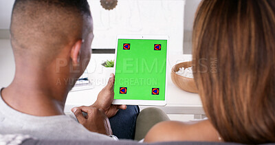 Buy stock photo Couple, tablet or green screen on sofa in home for movie, online shopping or checking omnichannel. People, relax and tech with chroma key display for internet surfing or reading fake news with mockup