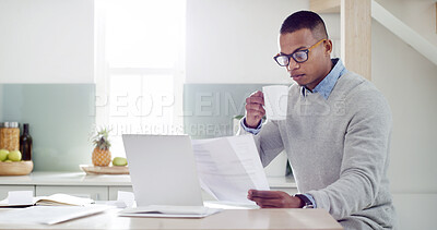 Buy stock photo Man, research and paperwork in kitchen for insurance review, mortgage documents and bills in home. Guy, coffee break and accounting with asset management, tax registration and budget spreadsheet