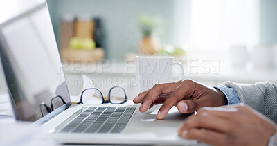 Buy stock photo Person, hands and laptop in home for remote work, research and connectivity for online banking. Man, scroll or computer in kitchen for ecommerce, web browsing or entrepreneur with tech for networking