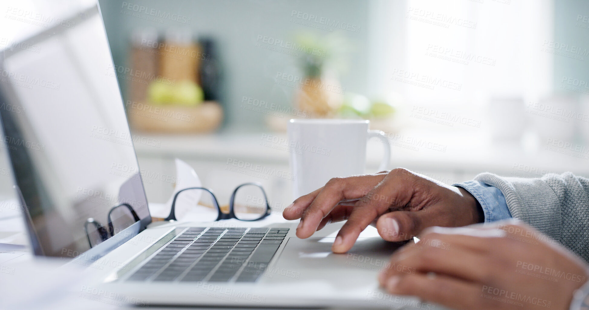 Buy stock photo Person, hands and laptop in home for remote work, research and connectivity for online banking. Man, scroll or computer in kitchen for ecommerce, web browsing or entrepreneur with tech for networking