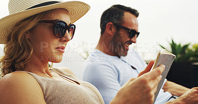 Buy stock photo Relax, couple and reading book with vacation, smile and bonding together with summer holiday. Outdoor, man and woman with novel, literature and calm with weekend break, sunglasses and anniversary